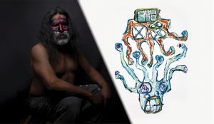 The dark photograph on the left shows a shirtless man with long hair, a white beard, and red, black, and white paint on his face. On the right, a colorful, asbtract print is set against a white background. It shows two skulls, one right-side up and the other upside down. The skulls have tendrils coming from them and are reaching towards each other.