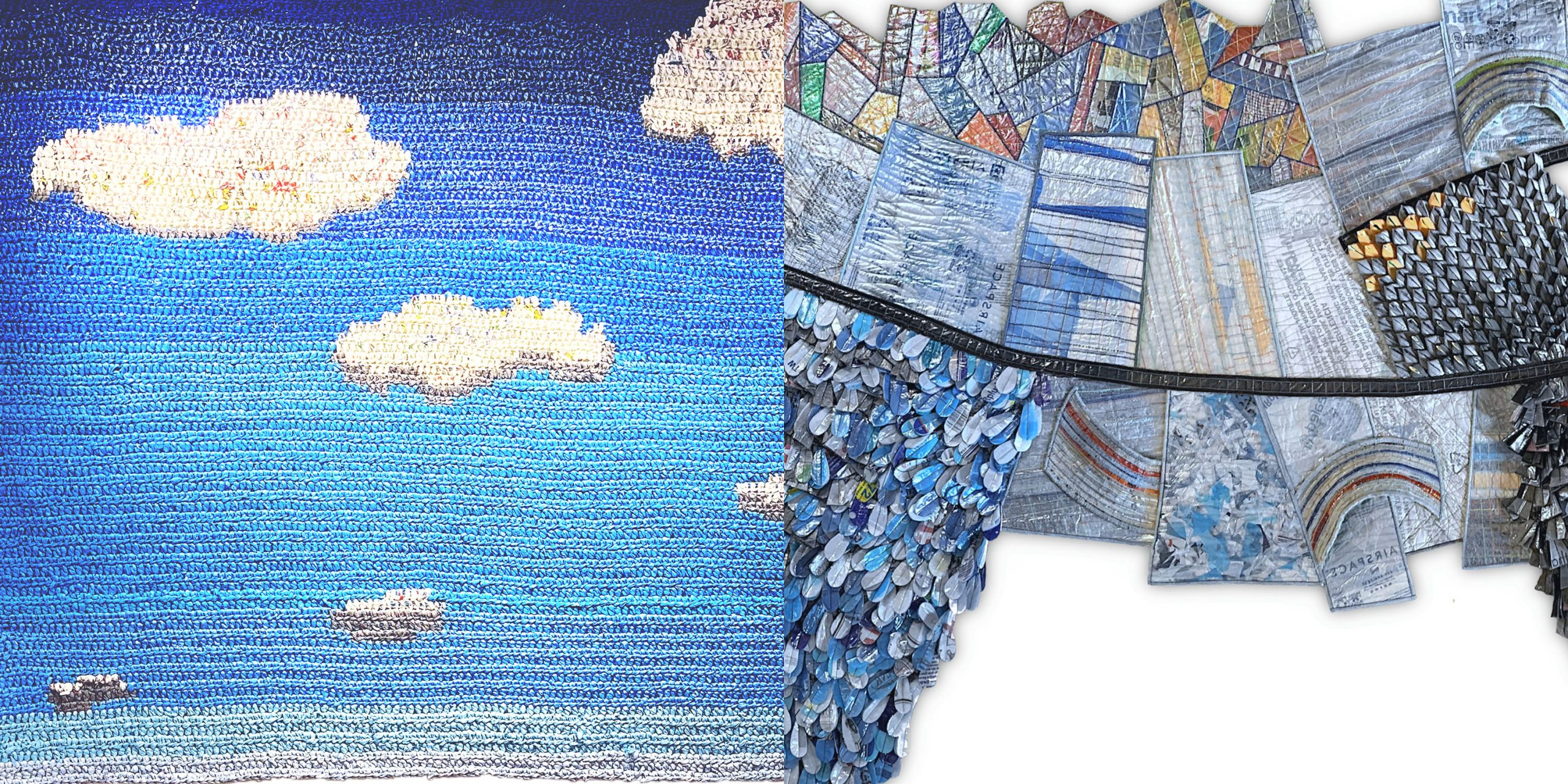 Detail images of two artworks in blue tones made of plastic. The work on the left is crocheted and shows white, puffy clouds against a bright blue sky. On the right, small pieces of plastic form textures and overlapping shapes. In places it looks like rain drops.