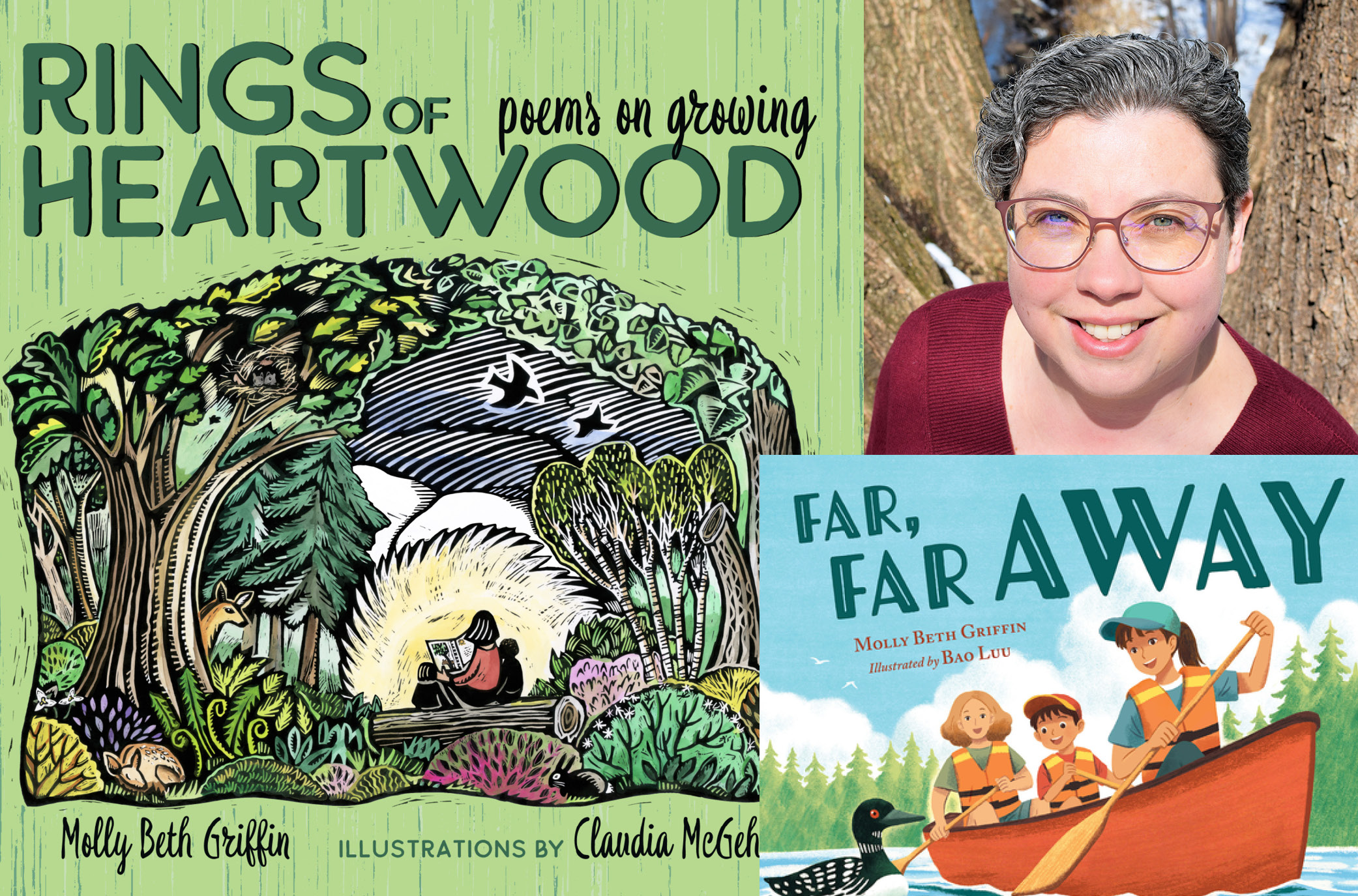 Cover images for the books "Rings of Heartwood" and "Far, Far Away" with a headshot of Molly Beth Griffin