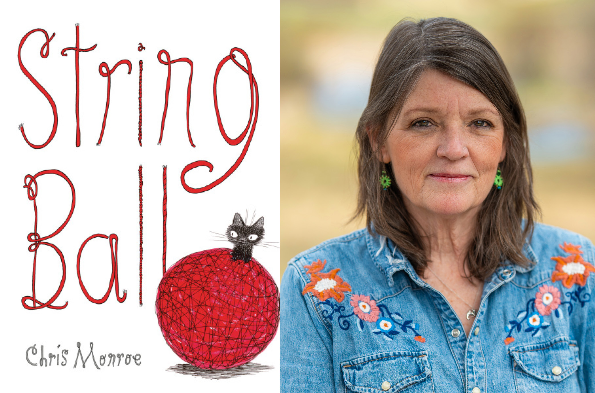 Cover of the book "String Ball" showing a small black cat and a large, red ball of string. Next to it is a headshot of author and illustrator Chris Monroe