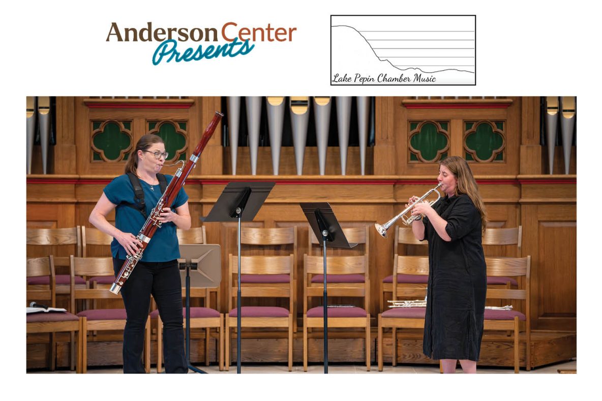 Anderson Center presents Lake Pepin Chamber Music. Photo of a bassoonist and a trumpeter playing music together.