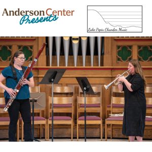 Anderson Center presents Lake Pepin Chamber Music. Photo of a bassoonist and a trumpeter playing music together.
