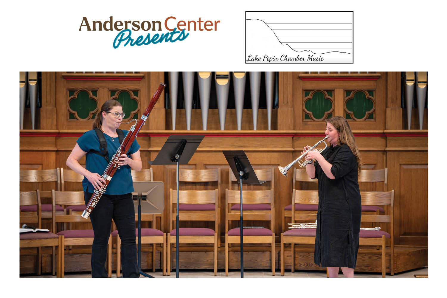 Anderson Center presents Lake Pepin Chamber Music. Photo of a bassoonist and a trumpeter playing music together.