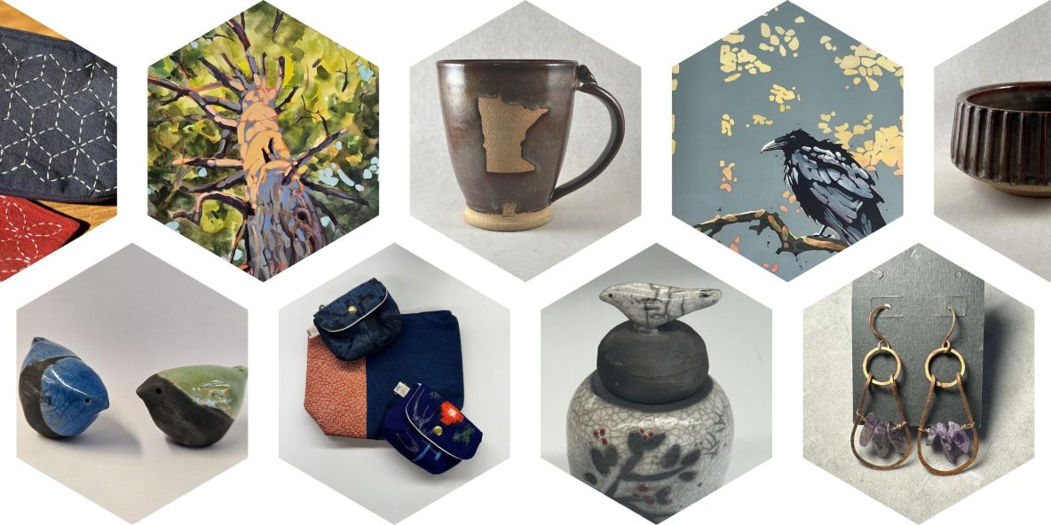 Hexagons showing photos of a variety of ceramics, paintings, jewelry, and textile works of art.