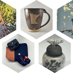 Hexagons showing photos of a variety of ceramics, paintings, jewelry, and textile works of art.