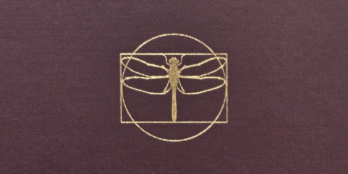 Image of a dragonfly within a circle and rectangle. The icon is gold and the background is the textured burgundy of book cloth.