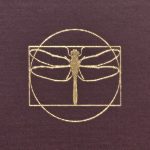 Image of a dragonfly within a circle and rectangle. The icon is gold and the background is the textured burgundy of book cloth.