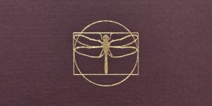 Image of a dragonfly within a circle and rectangle. The icon is gold and the background is the textured burgundy of book cloth.