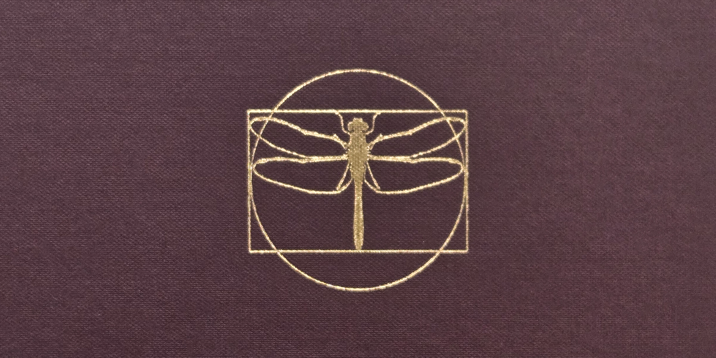 Image of a dragonfly within a circle and rectangle. The icon is gold and the background is the textured burgundy of book cloth.