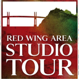 Red Wing Area Studio Tour logo flanked by images of two women in painting studios. One works on a realistic waterscape painting, the other sits in front of colorful, abstract works.