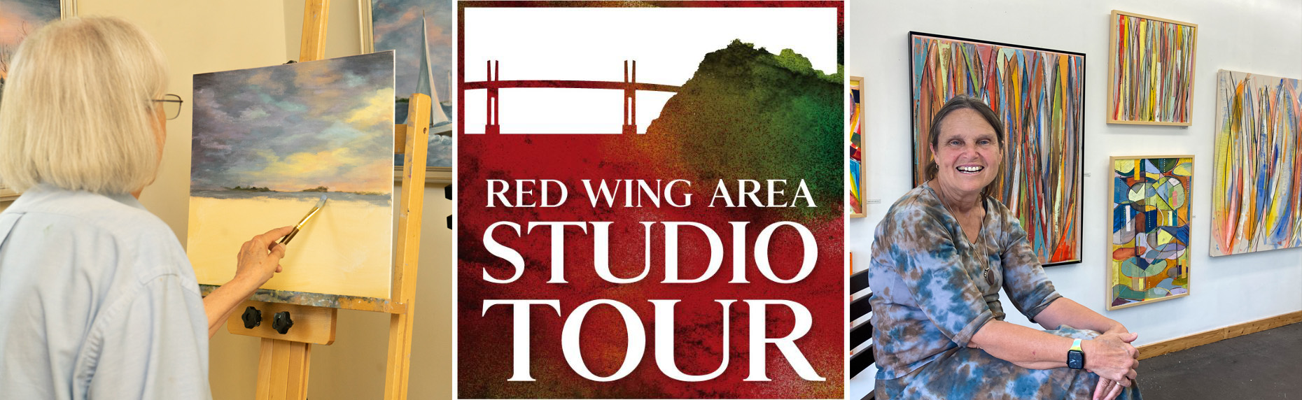 Red Wing Area Studio Tour logo flanked by images of two women in painting studios. One works on a realistic waterscape painting, the other sits in front of colorful, abstract works.