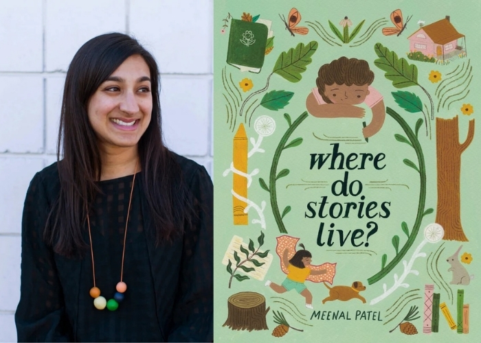 Meenal Patel headshot and the cover of the Children's Book "Where Do Stories Live?"