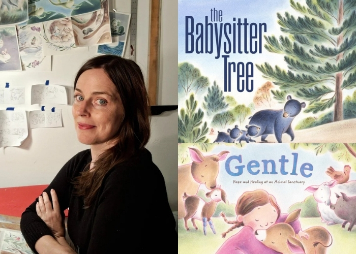 Headshot of Illustrator Jennifer A. Bell with drawings in the background and covers of upcoming children's books "The Babysitter Tree" and "Gentle"