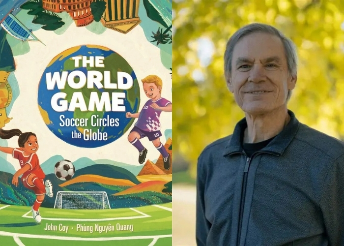 The World Game cover shows kids playing soccer. A headshot of John Coy shows the author posing with yellow tree leaves in the background