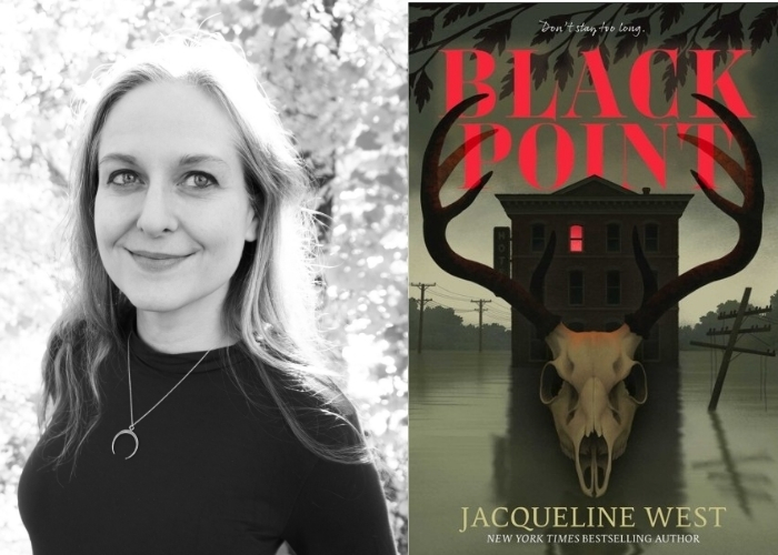 Black and white headshot of author Jacquelin West and the cover of Black Point, which shows a deer skull against a historic building and a rising river