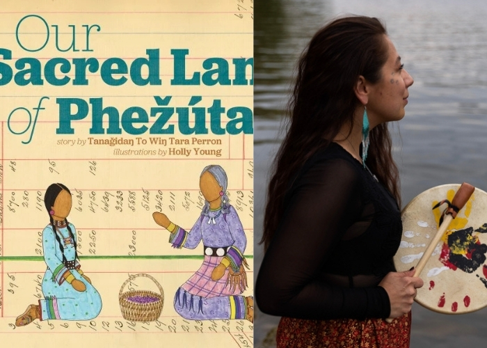 Cover of the Children's Book "Our Sacred Land of Phezuta" by Tara Perron showing a Dakota grandmother and granddaughter in the ledger art style. Headshot of author Tara Perron shown in profile with a drum.