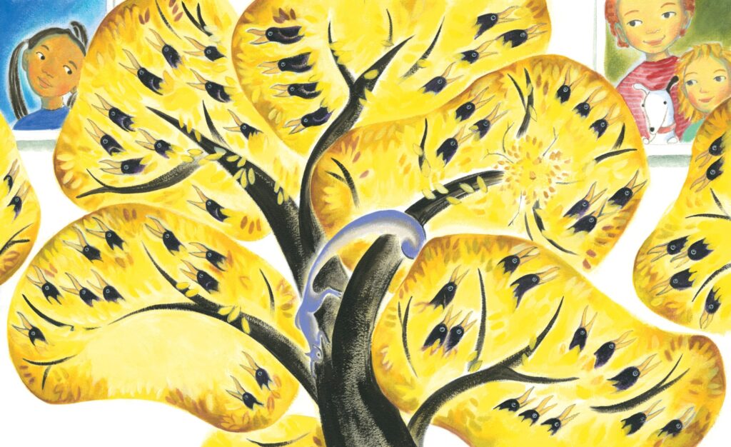 Drawing of a yellow tree filled with black birds