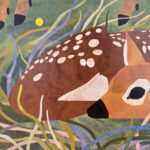 Illustration of a baby deer laying in the grass. Hoofs are visible at the top of the image, showing that momma deer is close by.