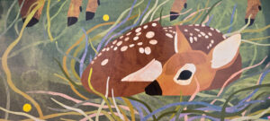 Illustration of a baby deer laying in the grass. Hoofs are visible at the top of the image, showing that momma deer is close by.
